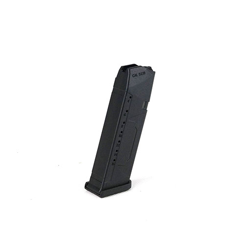 El Glock Magazin 9mm de 17 rondas cuenta con un resorte de acero inoxidable, base extraíble para limpieza y ventanas de indicador de capacidad para mayor comodidad.